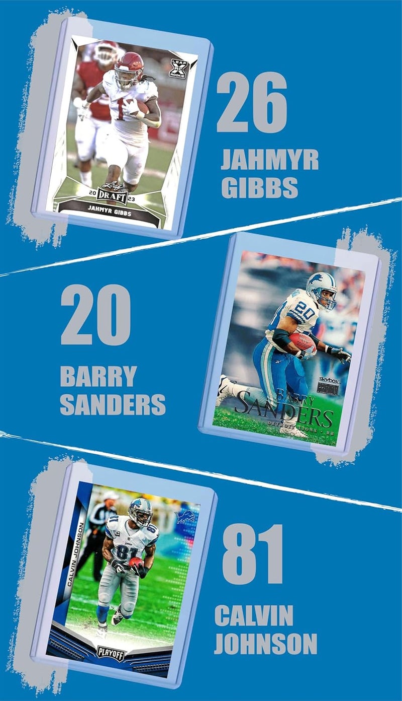 Chaser Detroit Lions Cards: Jared Goff, David Montgomery, Amon-Ra St. Brown, Sam LaPorta, Jahmyr Gibbs, Barry Sanders, Aidan Hutchinson, Calvin Johnson ASSORTED Football Stars & GOATs Trading Card & Wristbands Gift Pack - Image 3